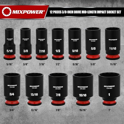 MIXPOWER 12 Pieces 3/8'' Drive Semi-Deep Impact Socket Set,12 Point,SAE,5/16"-1",CR-MO,Axle Nut Impact Grade Socket for Easy Removal - size: 5/16"-1"