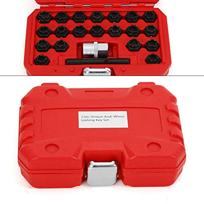 TFCFL Universal 22pcs Wheel Lock Lug Nuts Removal Set Automotive Wheel Anti-Theft Screws Remover Socket Keys Kit for Audi with 1/2 inch (12.7mm) Socket Adapter Red