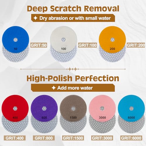 VISCOO 20 Pack 4 Inch Diamond Polishing Pads, Granite Polishing Pads Kit with 5/8''-11 Backer Pad, 50-6000 Grit Wet/Dry Polishing Pads for Marble, Concrete, Quartz, Stone, Tile with Wool Felt Pads