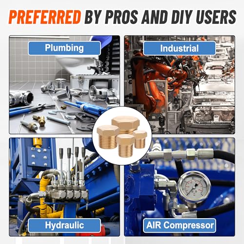 24 PCS Brass Hex Pipe Plug Fittings Kits,Brass Plugs Fitting Assortment Kit 1/8" 1/4" 3/8" 1/2" NTP Plugs Male Threaded - size: Hex Plug