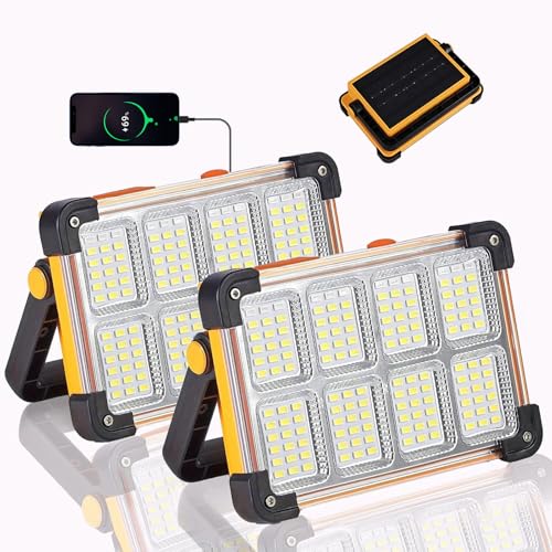120W LED Solar Work Light, 144 LED 10000LM Portable Flood Light with Stand, 4 Modes Rechargeable, IP65 Waterproof Outdoor Working Light for Camping, Fishing, Car Repair & Mechanics (Yellow 2 Pack) - color: Yellow 2 Pack