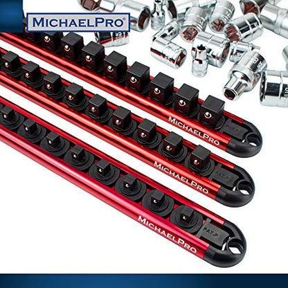 MichaelPro 3-Piece Aluminum Socket Organizer Rail Set- 1/4-inch, 3/8-Inch, and 1/2-Inch Drive Tool Socket Organizers Hold 46 Sockets, Heavy Duty Socket Storage | MP014001 - style: Non-Magnetic