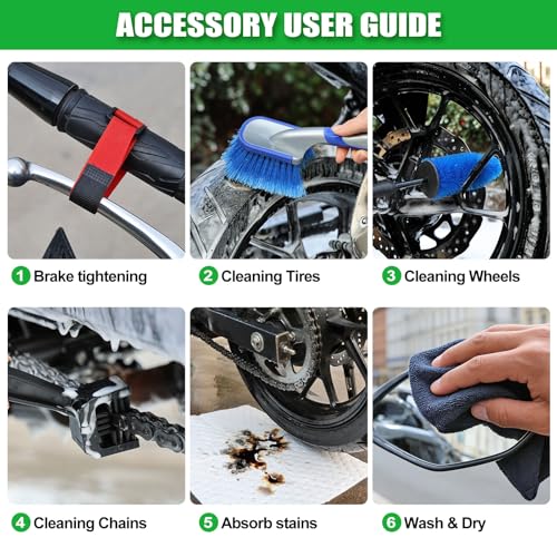 7-piece motorcycle cleaning kit, including Portable Lift Jack for Chain Maintenance & Wheel Cleaning with Chain Brush, Tire and Wheel Brush, Oil-Pads,Universal Fit for Dirt Bike, Motorcycle