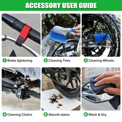 7-piece motorcycle cleaning kit, including Portable Lift Jack for Chain Maintenance & Wheel Cleaning with Chain Brush, Tire and Wheel Brush, Oil-Pads,Universal Fit for Dirt Bike, Motorcycle