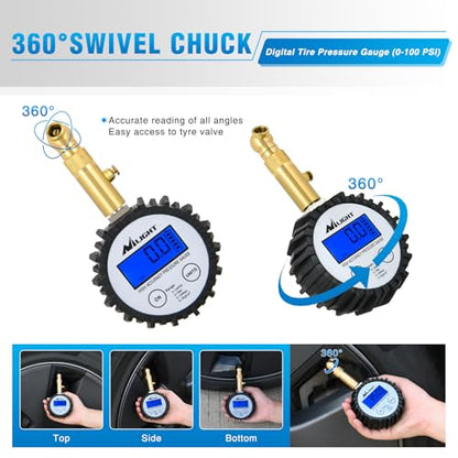 Nilight Digital Tire Pressure Gauge 100PSI Heavy Duty Stainless Steel Air Chucks ANSI 2A Certified Large Dial Wheel Service Checker for Truck Semi Truck ATV Motorhome Cars & RV Accessories - color: Digital Tire Gauge