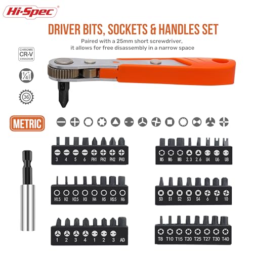 Hi-Spec 68pc Long Extended Screw Driver Bits and Mini Ratchet Wrench Handle Set. DIY Accessories Kit of 25 and 75mm Hex Shank Screwdriving Bits for Drill Drivers - size: 68 PCS