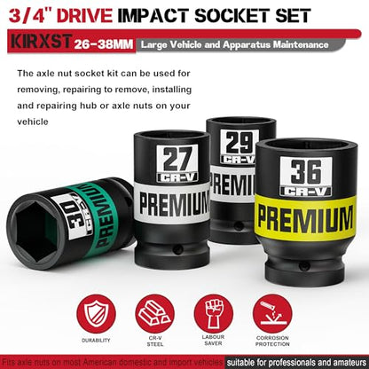 8 Piece 3/4" Drive Impact Socket Set, Metric Axle Nut Sockets, 26-38mm Thicker Jumbo Sockets, Socket Set, 6 Point, Cr-V, Vehicle and Apparatus Maintenance - size: 3/4" 8pcs Metric