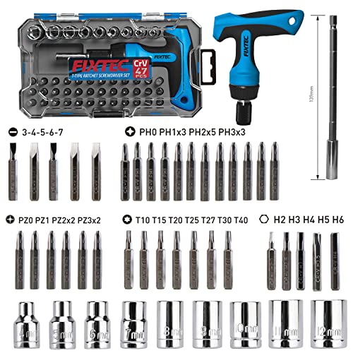 FIXTEC 47-Piece Ratcheting Screwdriver Sets and Ratchet Wrench, Magnetic T-Handle Home Repair Kit with Plastic Toolbox Storage Case