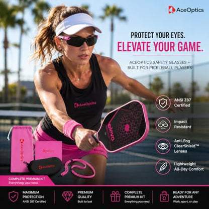 Safety Glasses – ANSI Z87 Certified, 5X Anti-Fog ClearShield™ Lenses with Premium Hard Case & Accessory Bundle - color: Pink & White / Tinted