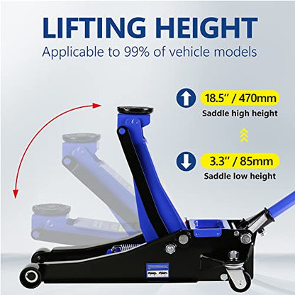 3T Low Profile Steel Floor Jack, 6600 lb, Dual Pump, 3.3"-18.5" Lift, Blue | Heavy-duty steel, dual-piston quick lift, low profile, 3.3"-18.5" range, overload safety protection. - size: 3T Dual Pump 3.3"-18.5"