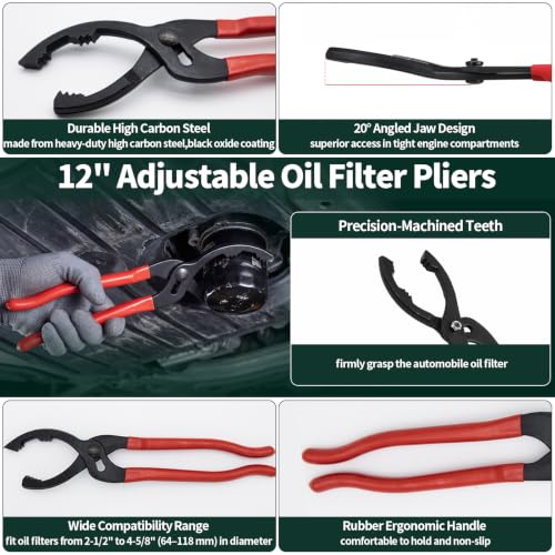 5Pcs Automotive Oil Filter Wrench Set Contains Rubber Strap Wrench, 3-Jaw Universal Oil Filter Removal Tool, Car Snap Funnel for SUVs, ATVs, Vehicle, Motorcycles, Trucks