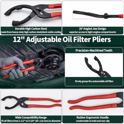 5Pcs Automotive Oil Filter Wrench Set Contains Rubber Strap Wrench, 3-Jaw Universal Oil Filter Removal Tool, Car Snap Funnel for SUVs, ATVs, Vehicle, Motorcycles, Trucks