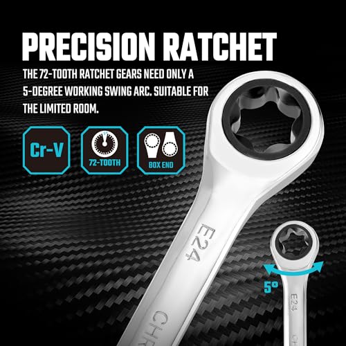 DURATECH 4-Piece E-Torx Wrench Set, Double Box End Ratcheting Wrench Set, Including E6 * E8, E10 * E12, E14 * E18 and E20 * E24, 72-Teeth, CR-V Steel, Mirror-Polished with Rolling Pouch