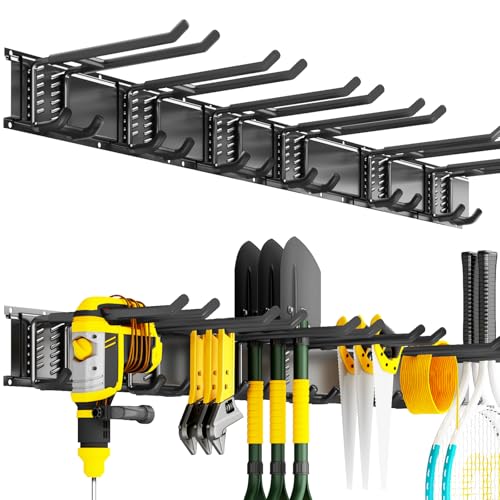 Garage Tool Organizer Wall Mount, 48inch Heavy Duty Garden Tool organizer Storage System, Easy Install With 6 Adjustable Bilayer Hooks, For Garage, Basement, Shed, Workshop(Black) - size: 48inch+6Bilayer Hooks