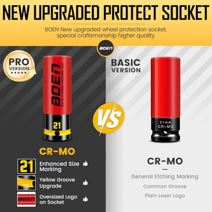 BOEN 21mm 1/2" Drive Wheel Protector Impact Socket, Non-Marring Thin Wall Wheel Protector Nut Socket, Color-Coded, Embossed and Painted Marking, CR-MO Steel - style: 21MM