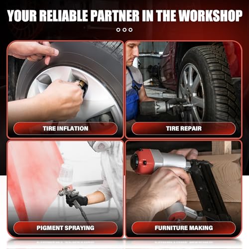 Portable Air Compressor with 8 Gallon Steel Tank, 1.5 HP 2.85 CFM @ 90 PSI, 116 Max PSI Oil-Free Air Compressor for Garage, Home Use, Tire Inflation, Nail Gun, DIY Projects,110V - style: 8Gallons