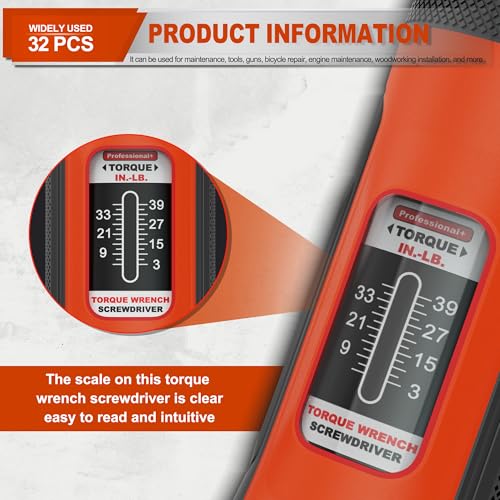 32 PCS 1/4" Drive Long Shank Torque Screwdriver, 3-39 Inch Pound Torque Screwdriver Set with S2 Bits and Socket Adapter for Maintenance, Tools, Bike Repairing and Mounting - size: 3-39inch.L