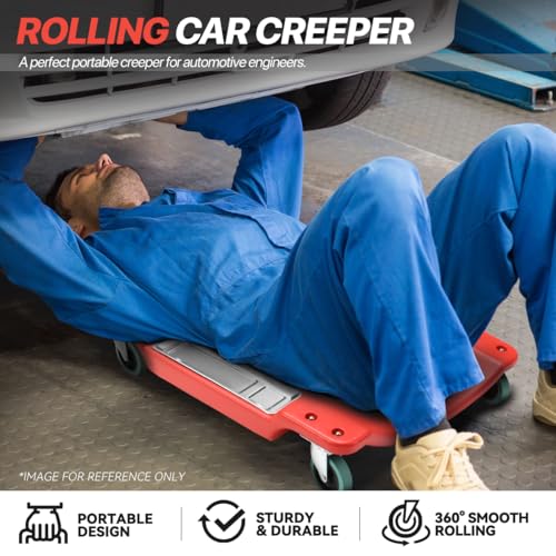 Low-Profile 40" L Mechanic Rolling Creeper, 300 LBS Capacity Under Car Roller Creeper with LED Light and Tool Trays, Red