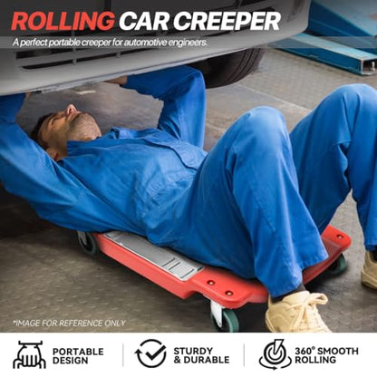 Low-Profile 40" L Mechanic Rolling Creeper, 300 LBS Capacity Under Car Roller Creeper with LED Light and Tool Trays, Red