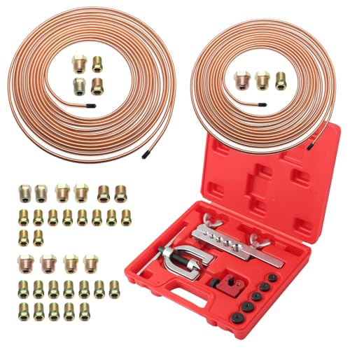 25Ft 1/4"& 3/16" Brake Line Kit,Heavy Duty Brake Line Flaring Tool Kit with 32 Inverted Fittings for Single/Double Flare,Brakes Lines Repair Kits for Cars/SUVs/Trucks