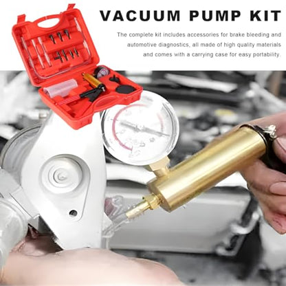 Hand Held Vacuum Pump Brake Bleeder Kit, Brake Clutch Fluid Bleeder Vacuum Pump Pressure Tester with Gauge Adapters, Automotive Brake Fluid Bleeding Set with Protected Case
