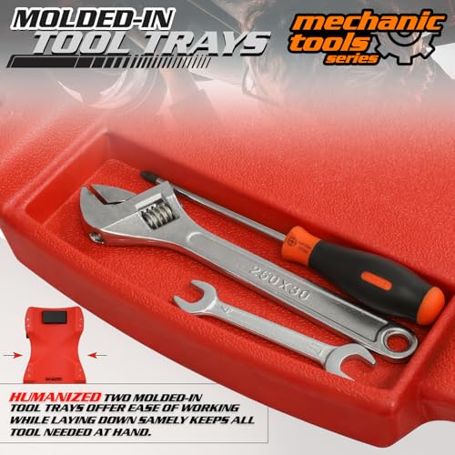 M-AUTO Mechanic Plastic Creeper with Dual Tool Trays, 48" Ergonomic Rolling Garage Shop Creeper with Padded Headrest, 4 Noiseless Casters 350LBS Capacity Red - color: Red