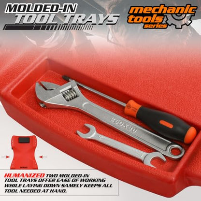 M-AUTO Mechanic Plastic Creeper with Dual Tool Trays, 48" Ergonomic Rolling Garage Shop Creeper with Padded Headrest, 4 Noiseless Casters 350LBS Capacity Red - color: Red