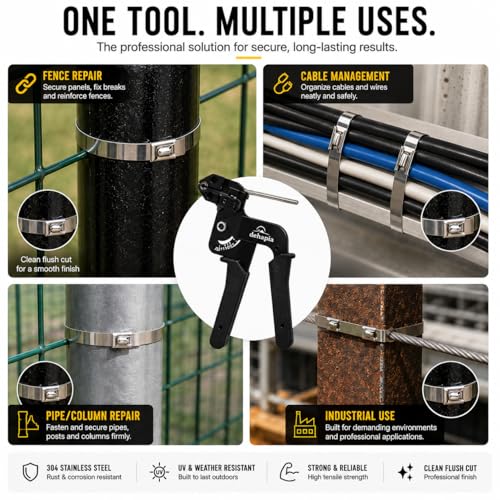 Heavy Duty Stainless Steel Cable Tie Gun Kit – 150 PCS 11.8” Metal Zip Ties with Tensioning & Flush Cutting Tool for Fence Repair, Exhaust & Outdoor Use
