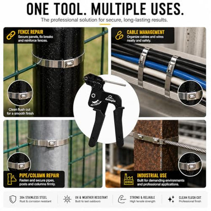 Heavy Duty Stainless Steel Cable Tie Gun Kit – 150 PCS 11.8” Metal Zip Ties with Tensioning & Flush Cutting Tool for Fence Repair, Exhaust & Outdoor Use