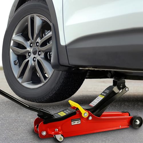Hydraulic Trolley Service Floor Jack, 2 Ton(4000lbs) Low Profile Floor Jack, Heavy-Duty Steel Racing Floor Jacks with Single Piston Quick Lift Pump, Lifting Range 3.3"-15.2" - color: Red&Black-2T-Single Pump