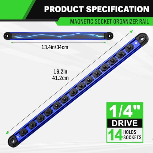 1/4-inch Magnetic Socket Organizer Rail, Aluminum Alloy Socket Rail, Heavy Duty Sockets Holder with 14 Clips, 360° Swivel Clip Tool Tray, Sockets Organizer for Tool Box Drawer (Blue) - style: Blue 1/4-inch