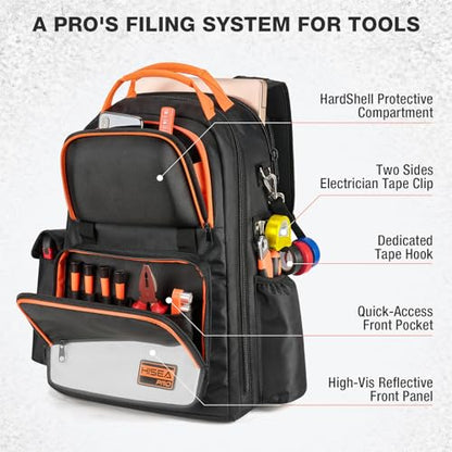 HISEA Tool Backpack, 18-Inch Heavy Duty Tool Bag Organizer with 37 Pockets | 1680D Oxford Waterproof Tools Storage Bag, with Laptop Compartment, for Electricain, Mechanic, Plumber, Tradesman