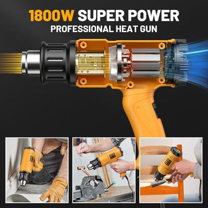 SEEKONE Heat Gun 1800W Heavy Duty Hot Air Gun Kit With Carry Case Variable Temperature Control 122℉-1112℉（50℃- 600℃） Overload Protection with 4 Nozzles for Crafts, Shrinking PVC, Stripping Paint