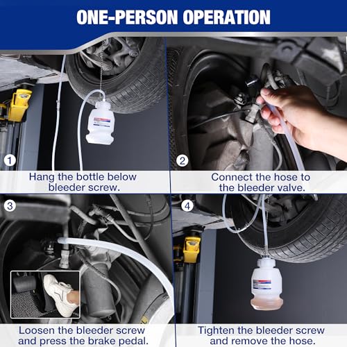 WORKPRO 1L Brake Bleeder Bottle with 63 Inch Brake Bleeder Hose One Way Check Valve & Rubber Connector, One Man Brake Bleeder Kit with Hooked Chain, Wide Base - for Automotive, Cars, Motorcycles
