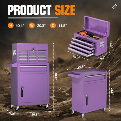 Oakcloud Heavy-Duty 5-Drawer Rolling Tool Chest & Cabinet Combo with Black Liner – Lockable Steel Garage Tool Box on Wheels – Detachable Top Toolbox & Bottom Storage Cart with Side Hooks, Purple - color: Purple, size: 5-drawer