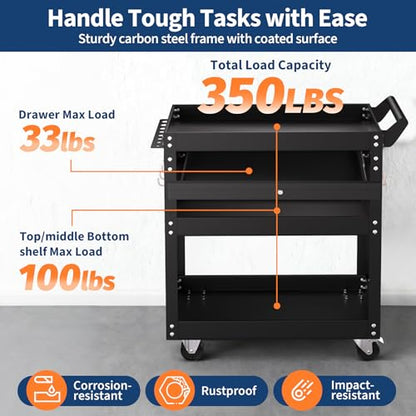 4-Tier Rolling Tool Cart On Wheels, Heavy Duty 350 Lbs Capacity Metal Mechanic Tool Cart with Lockable Drawer & Side Pegboards for Garage Workshop Repair Shop