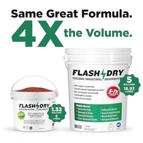 FlashDry Super Spill Absorbent, 5 Gallon Bucket, 100% Organic Coco Coir, Landfill Safe, OSHA Approved, Ideal for Absorbing Oil, Paint, Grease in Garages, Kitchens, Janitor Kits - size: 5 Gallon
