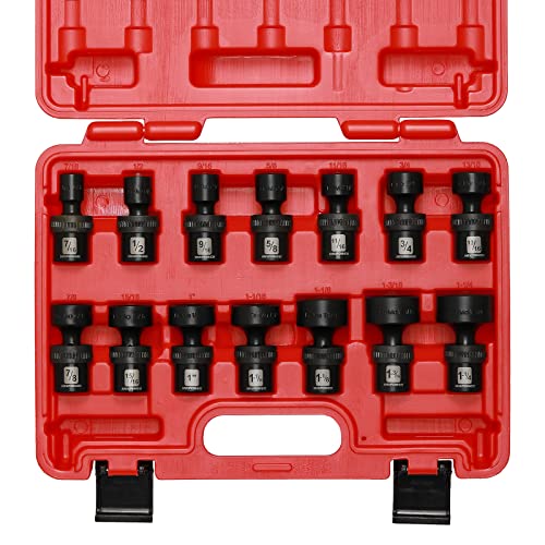 MIXPOWER 1/2" Drive Shallow Impact Universal Joint Swivel Socket Set, SAE, 7/16" to 1-1/4", Shallow, Flexible Wobble, Chrome Molybdenum Steel, 14 Pieces Set - size: 14 Pcs SAE 1/2'' Dr. (Shallow)