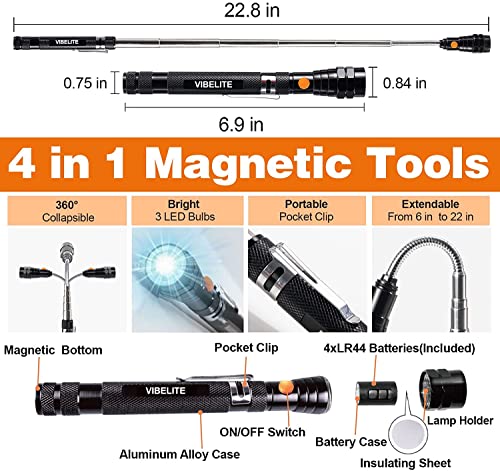 VIBELITE Magnetic Pickup Tool and 6 in 1 Multitool Pen with Touch Screen Stylus, Rulers, Bubble Level, Flathead, Phillips Screwdriver, Ballpoint Pen, Dad Gifts, Birthday Gifts for Men, Dad, 2Pack