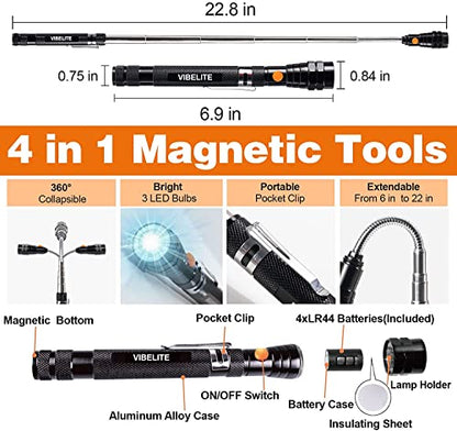 VIBELITE Magnetic Pickup Tool and 6 in 1 Multitool Pen with Touch Screen Stylus, Rulers, Bubble Level, Flathead, Phillips Screwdriver, Ballpoint Pen, Dad Gifts, Birthday Gifts for Men, Dad, 2Pack