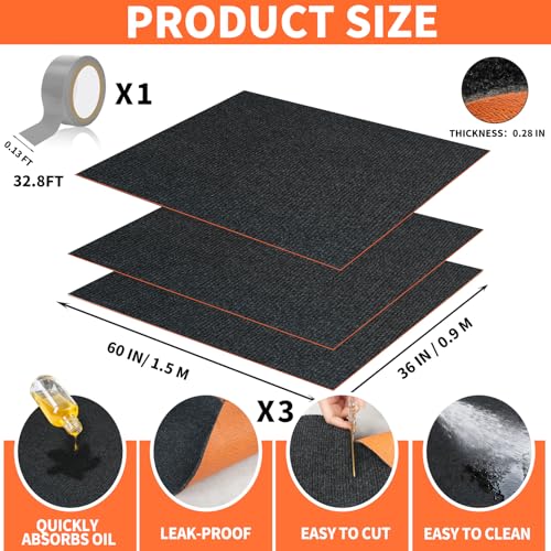 TEEMO 3 Pcs Oil Spill Mats for Under Car 60" x 36" Driveway Oil Absorbent Pads Garage Floor Mat Premium Maintenance Mat Washing Machine Mat with 1 Tape for Garage Driveway Motorcycle Car (Dark Gray)