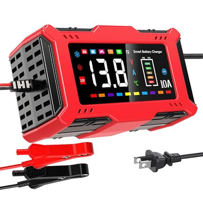 Car Battery Charger 10A with Large LCD Display for 12V Lead Acid & 14.6V LiFePO₄, Automatic Battery Maintainer, Trickle Charger, Desulfator, AGM/Gel/SLA Charger for Cars Trucks Motorcycles Boats