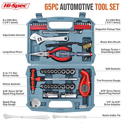 Hi-Spec 65pc Compact Auto Garage Tool Kit Set with Digital Tire Pressure Gauge. Essential Car Vehicle Repair Tools in a Toolbox Case of Screwdrivers, Sockets, Wrench and Magnetic Pickup - size: 65 PCS