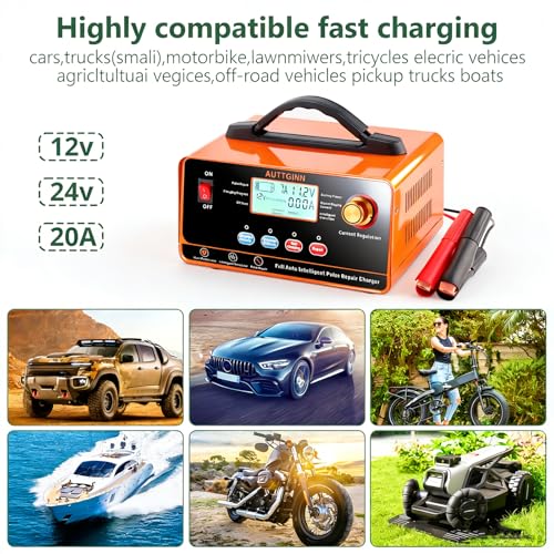 AUTTGINN 12V 24V Adjustable Battery Charger Maintainer, 0-20A Adjustable Car Battery Trickle Charger with Battery Desulfator for Lead-Acid LiFePO4 Lithium Batteries, AGM Gel Deep Cycle - color: orange