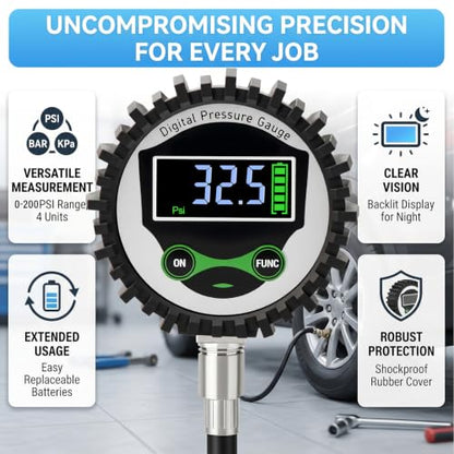MEANLIN MEASURE Digital Pressure Gauge 0-200 PSI, 1/4" NPT Lower Mount Pressure Gauge with Rubber Protective Cover, Suitable for Pneumatic System, Tire Inflator Pump Air Pressure Measurement - size: 0-200 PSI