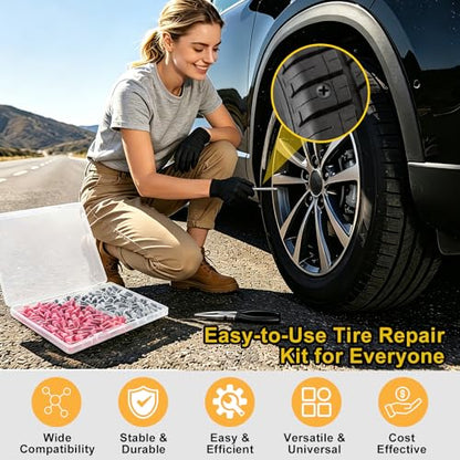 97PCS Tire Repair Rubber Nail Kit, 2 Sizes Spiral Screw-in Tire Plugs, Tire Screw Plugs with Screwdriver, Pliers, Gloves, Fast Self-Service Tool for Car, Truck,Motorcycle,Tractor Tire Puncture Repair - size: 97PCS