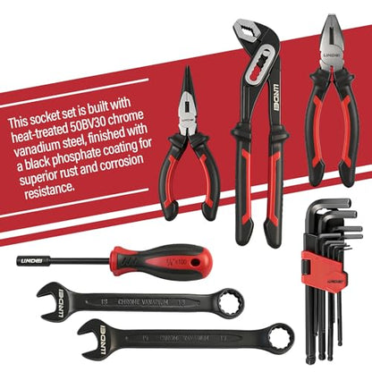 LLNDEI 112 Piece Ratchet Wrench Tool Set 1/2" Drive with SAE and Metric 6/12 Point Sockets Set, Mechanic Tool Kit with Bits, Combination Wrench universal joint adapter - color: 112 Pcs 1/2" Drive Sockets Set 6/12 Point