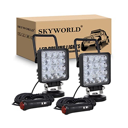 SKYWORLD Magnetic Mount LED Work Light, 2PCS 4 Inch 48W Square Spot Off Road Driving Fog Lamp 12V 24V with Portable Magnetic Base Holder for Truck Tractor Trailer Car Boat Engineering Vehicle - size: 2Pcs 4 Inch 48W Spot