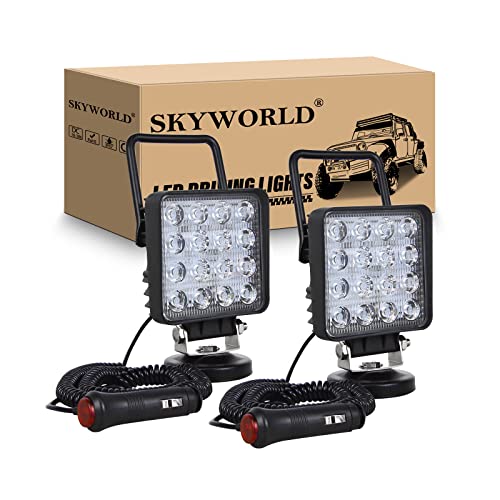 SKYWORLD Magnetic Mount LED Work Light, 2PCS 4 Inch 48W Square Spot Off Road Driving Fog Lamp 12V 24V with Portable Magnetic Base Holder for Truck Tractor Trailer Car Boat Engineering Vehicle - size: 2Pcs 4 Inch 48W Spot