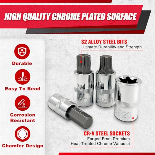 EACELIY 92PCS 1/4” 3/8”and 1/2” Allen and Bit Socket Set,Drive Torx/Tamper Proof Torx/Hex, S2 Steel &CR-V,SAE & Metric - size: 92PCS